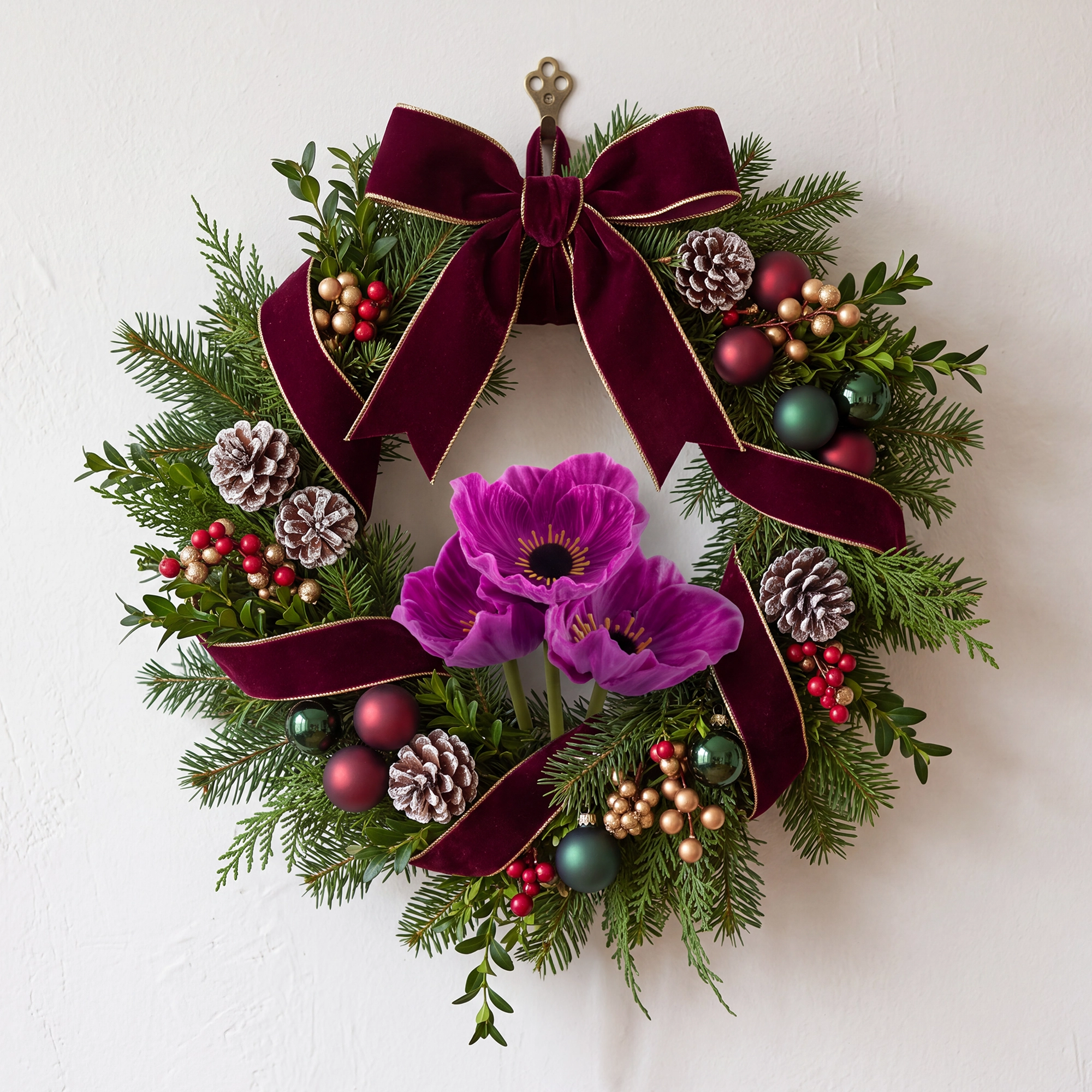 Purple Poppy stems in a Christmas wreath